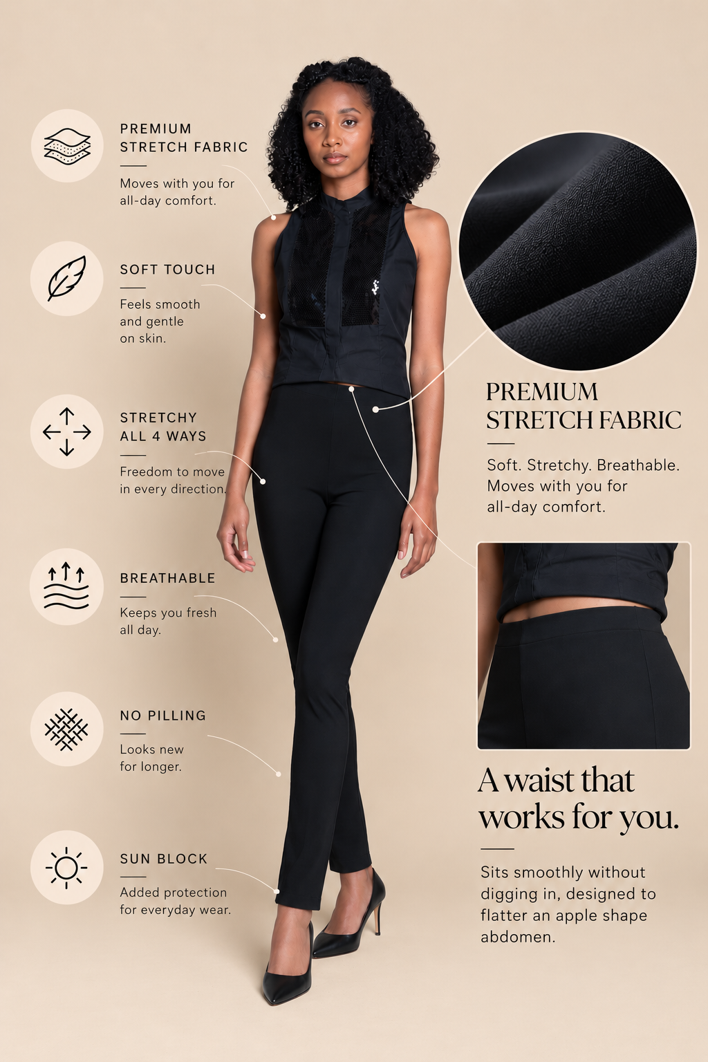 A woman modeling black trousers on a beige background with feature call-outs and fabric close-ups. Text highlights premium stretch fabric, soft touch, breathability, no pilling, and sun block properties.
