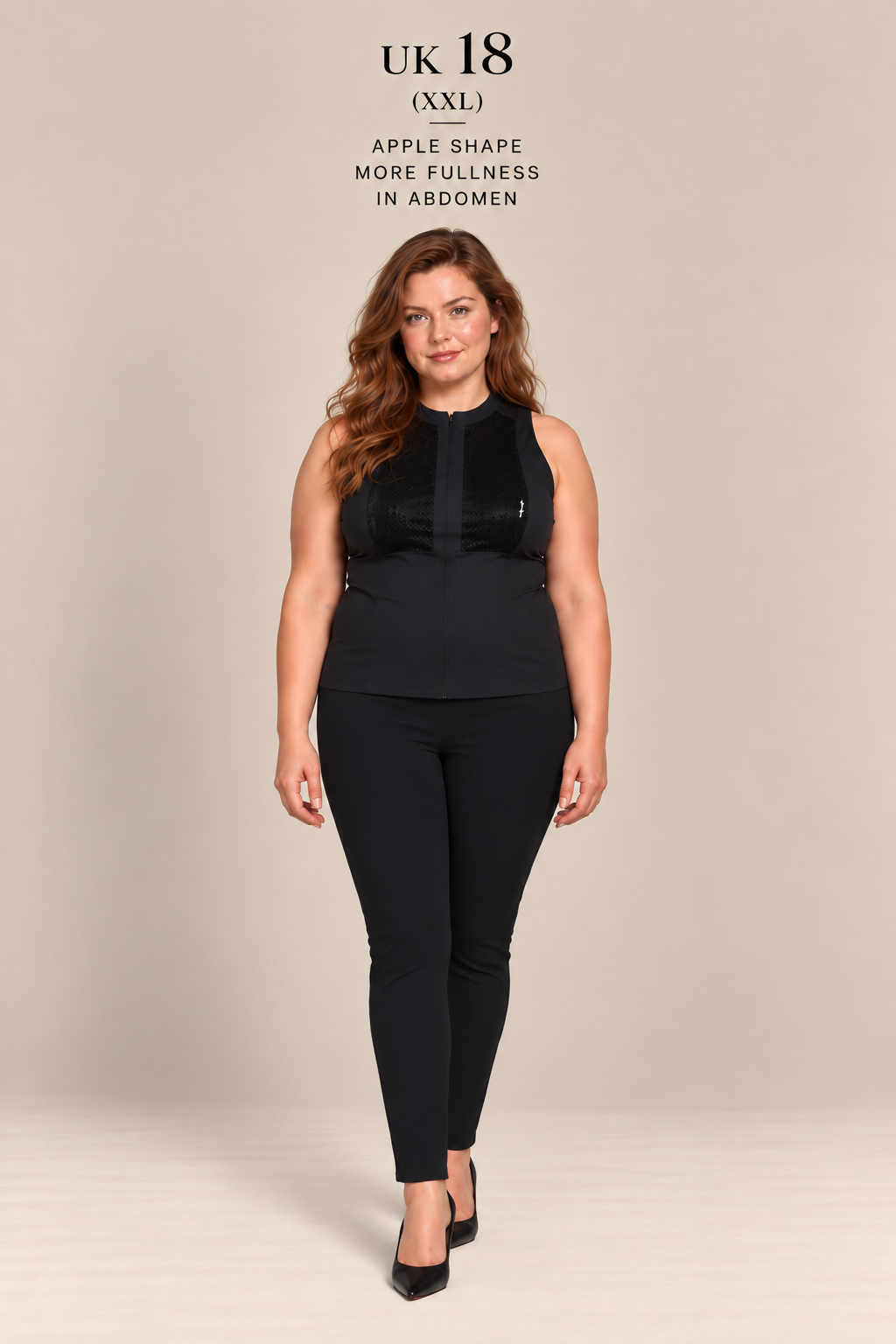 A woman modeling a black sleeveless top and matching slim-fit pants against a plain beige studio background. Text at the top reads 'UK 18 (XXL) APPLE SHAPE MORE FULLNESS IN ABDOMEN'.
